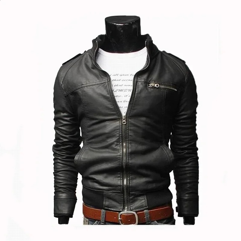 Men Faux Leather Jacket Zippers Mens Stand Collar Coat Spring Autumn Casual Slim PU Jacket Male Moto Biker Coats Outerwear 240822