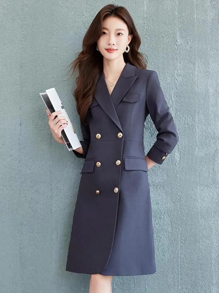 Black Blue Elegant Festival Pleated Blazer Dress Women Spring Autumn Gray Temperament Office Double Breasted Midi Dress 240822