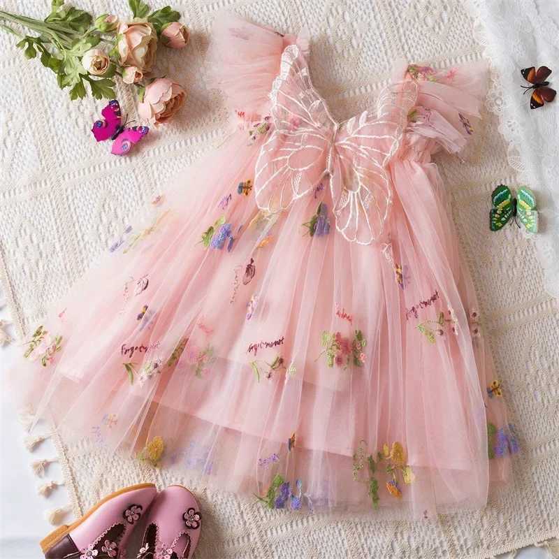 2024 Childrens Dress Girls Summer Dress Butterfly Wings New Flower Dress Dance Performance Tutu Grid Princess Dress Baby Clothing W240823