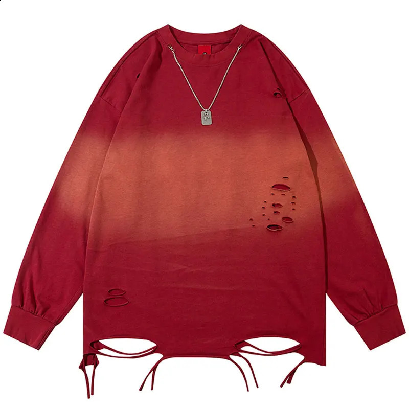 Vintage Oversized Shirts Grunge Y2K Ripped Hole Tie Dye Long Sleeve Tshirt with Chain Hip Hop Punk Gothic Cotton Washed T-Shirt 240823