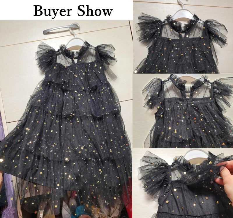 Fashion Girl Summer Party Dress Kids 2024 new sequined ruffled sleeves princess costume baby black evening dress party chiffon costume 2-8Y W240823