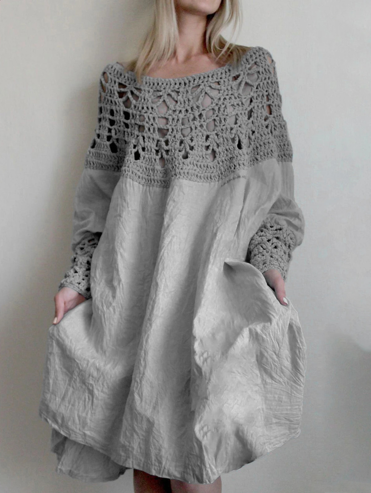 Fashion Dress for Women Solid Color Loose Fit Midi Dress Hollow Out Patchwork Long Sleeve Dress Female Outfits 240822