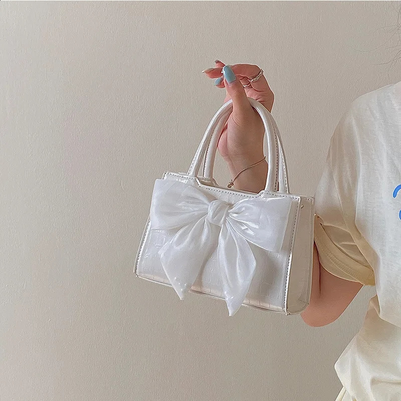 Fashion Casual Handbags For Women Girls Cute Bow White Pink PU Leather Tote Bags Trendy Daily Square Shoulder Underarm Bags 241223