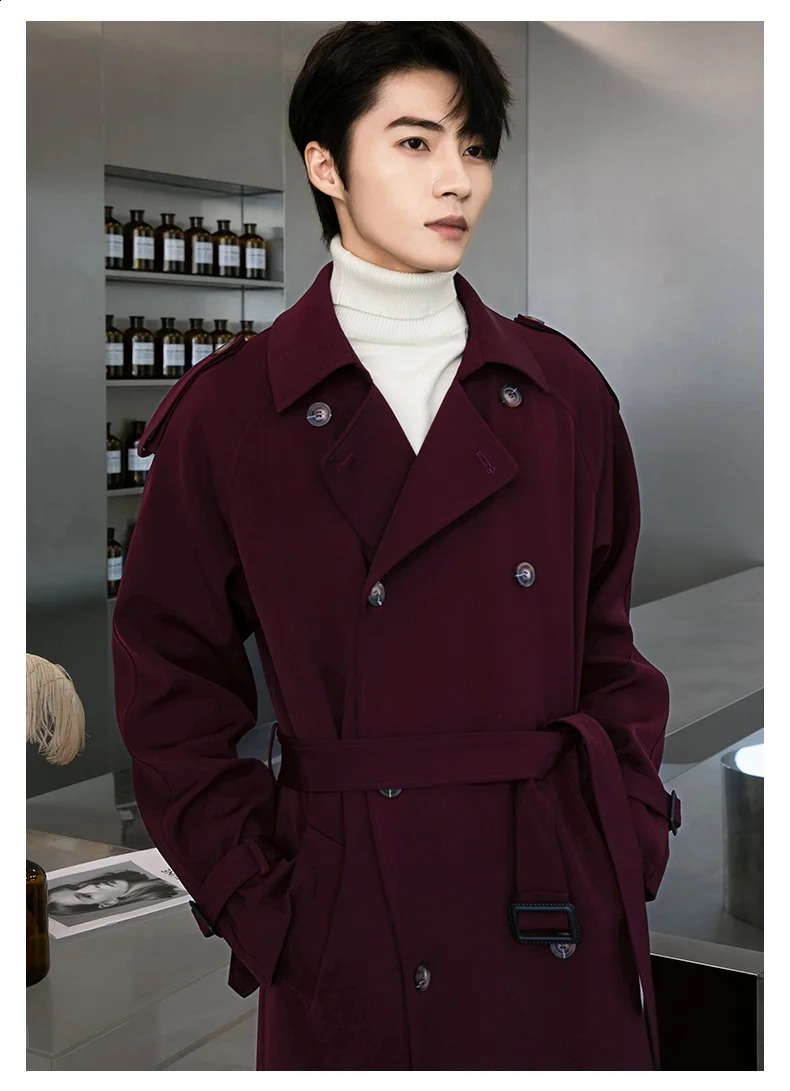 Autumn Winter Mens Trench Wine Jackets for Men Smart Casual Coat Double Breasted British Style Daily Windbreaker Outwear 240822