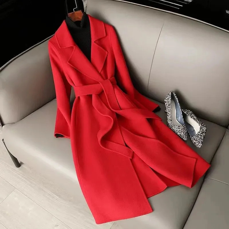 Simplicity Versatility Communicating Slim Fit Handmade 100 Wool Coat for Women Medium length Hepburn Style 240823