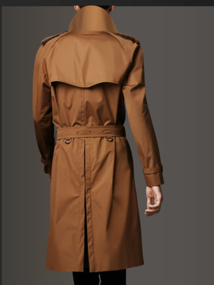 Double Breasted Classic Extended Mens Windbreaker Coat Belt British Style Windcheater Brown Business Casual X-long Jacket Men 240822