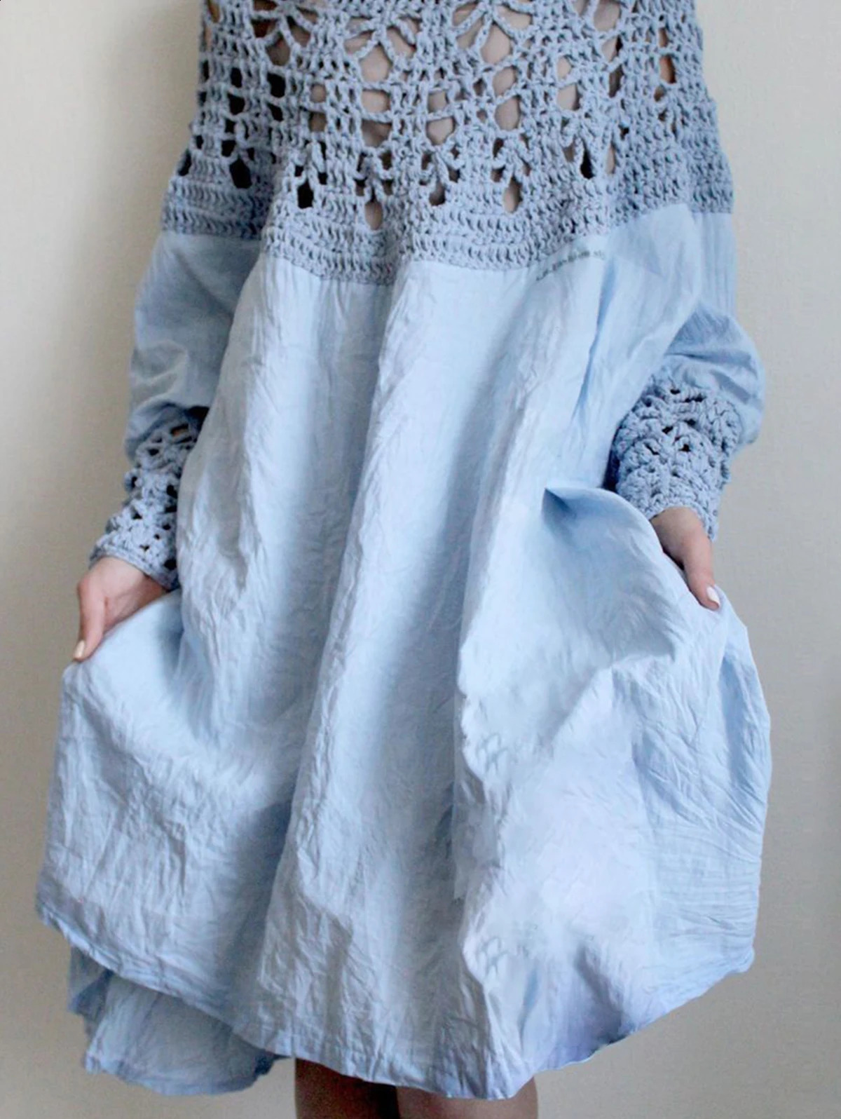 Fashion Dress for Women Solid Color Loose Fit Midi Dress Hollow Out Patchwork Long Sleeve Dress Female Outfits 240822