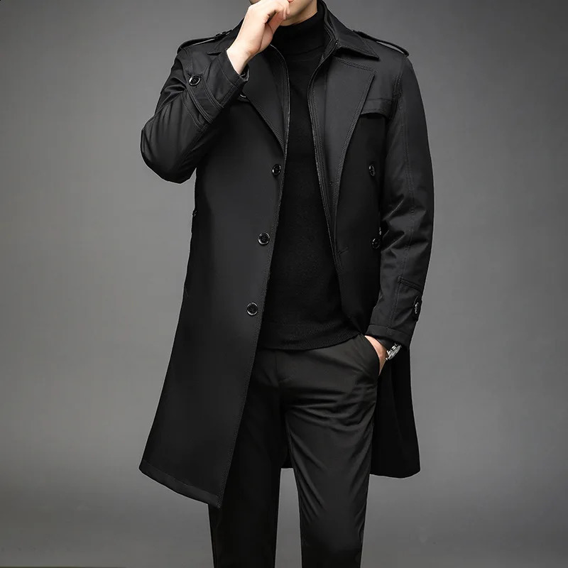 Trench Coat Men Long Liner Detachable Smart Casual Windbreakers Mens Long Jackets Solid Color Turn Down Collar Trench Coat 240822