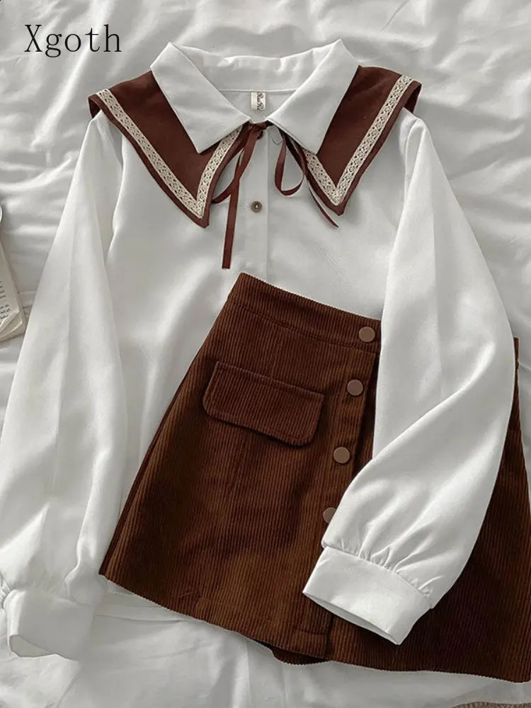 Xgoth Preppy Skirt Suit Elegant Wear Women Spring Hong Kong Style Retro Shirt Vinatge Brown A-line Skirt Two-piece/single 240823