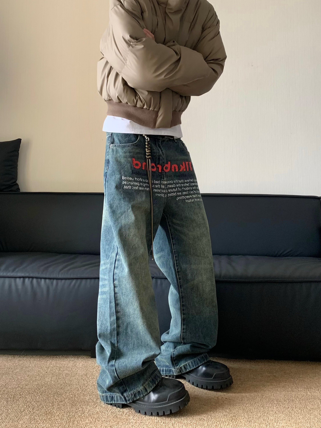 American Washed Vintage Printed Jeans Trendy Mens Spring New Style Loose Design Straight Leg Pants