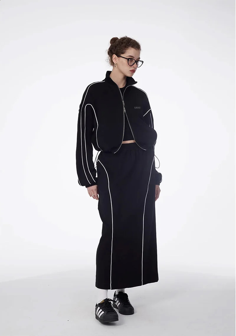2 piece Set Womens Reflective Strip Black Zipper Track JacketSport Skirt Y2k Tracksuit Female CropTop Short Coat Jackets Sets 240823