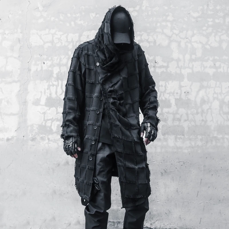 Techwear Style Tassel Plaid Punk Hip Hop Trench Coat Men Turtleneck Irregular n Long Jacket Street Casual Gothic Coat 240822