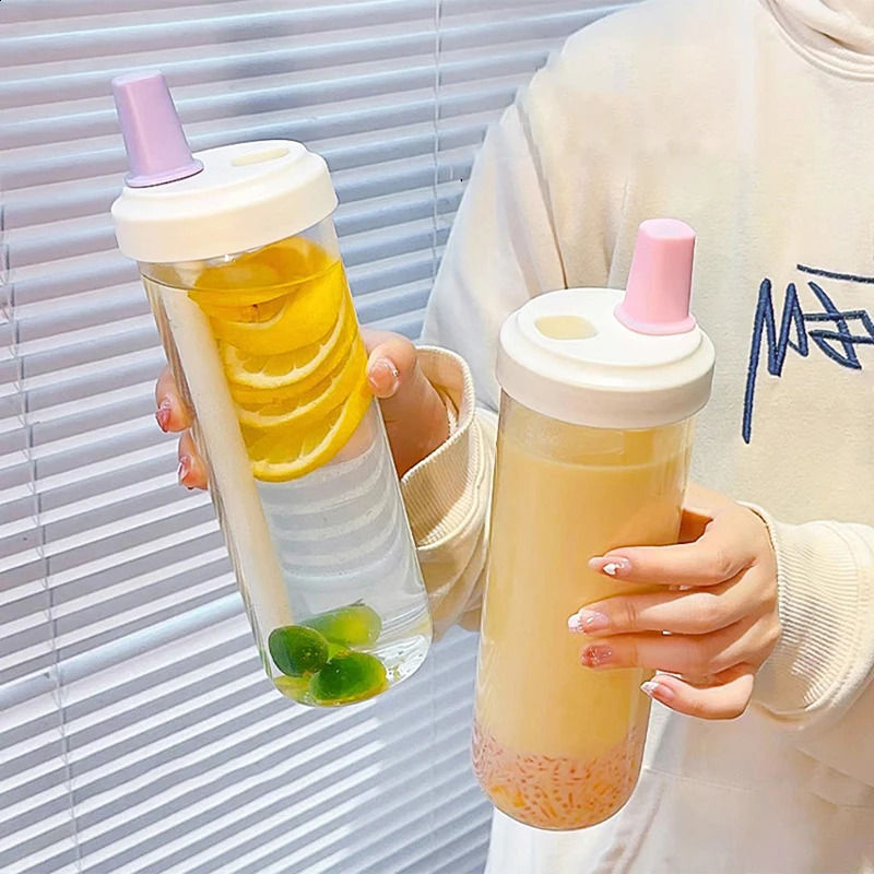 Cute Bubble Tea Kids Water Bottle Glass Plastic Coffee Boba Juice Milk Cups Girls Drinking Bottle With Straw Sticker BPA Free 240822