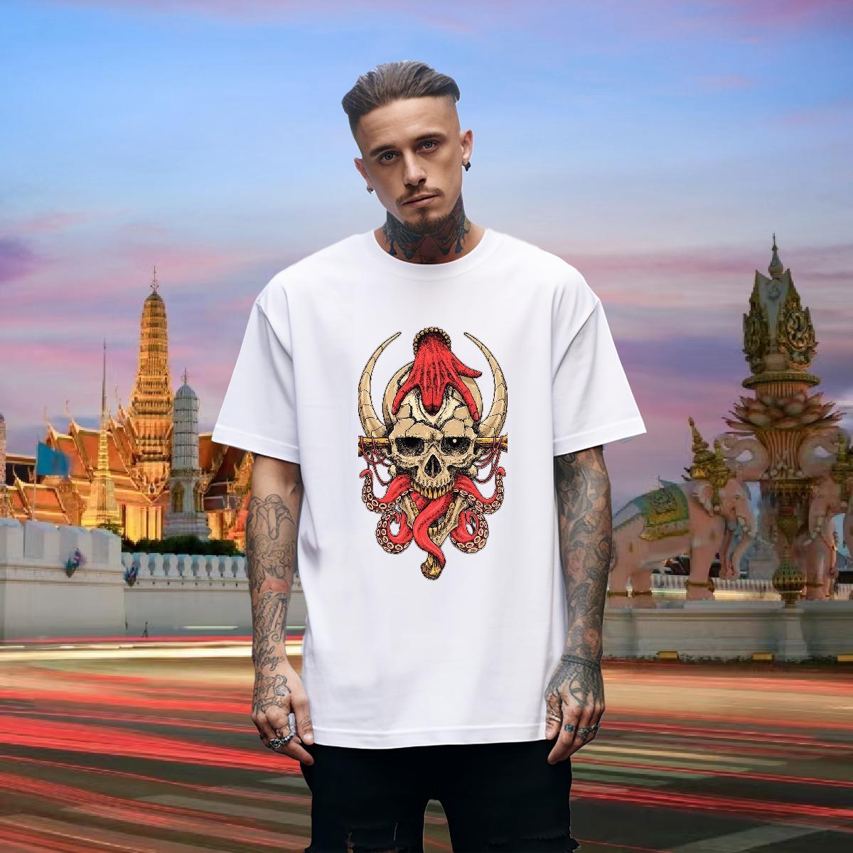 Unisex T-Shirts 230g Cotton skull Street Black White Round Neck Short Sleeve Men Tops Tees Fashion New Tshirts