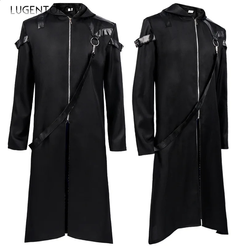 Men Medieval Trench Dark Gothic Hooded Zipper Long Sleeve Black Coat Halloween Retro Casual Party Performance Jackets 240822