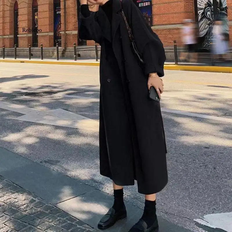 Winter Autumn Christmas Red Black Loose Long Wool Coat Jacket Belt Woolen Overcoat Korean Women Split Hem Cardigan Outerwear 240822