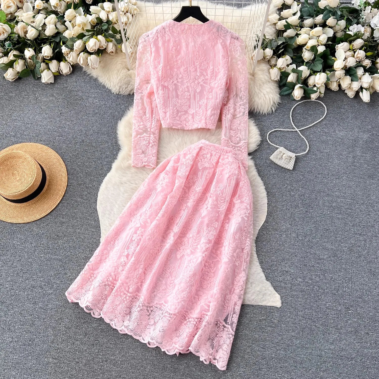 Autumn Pink Embroidery Flower Lace Two Piece Set Elegant Women Single Breasted Beadeds Long Sleeve Shirt Midi Skirt Suits 240823