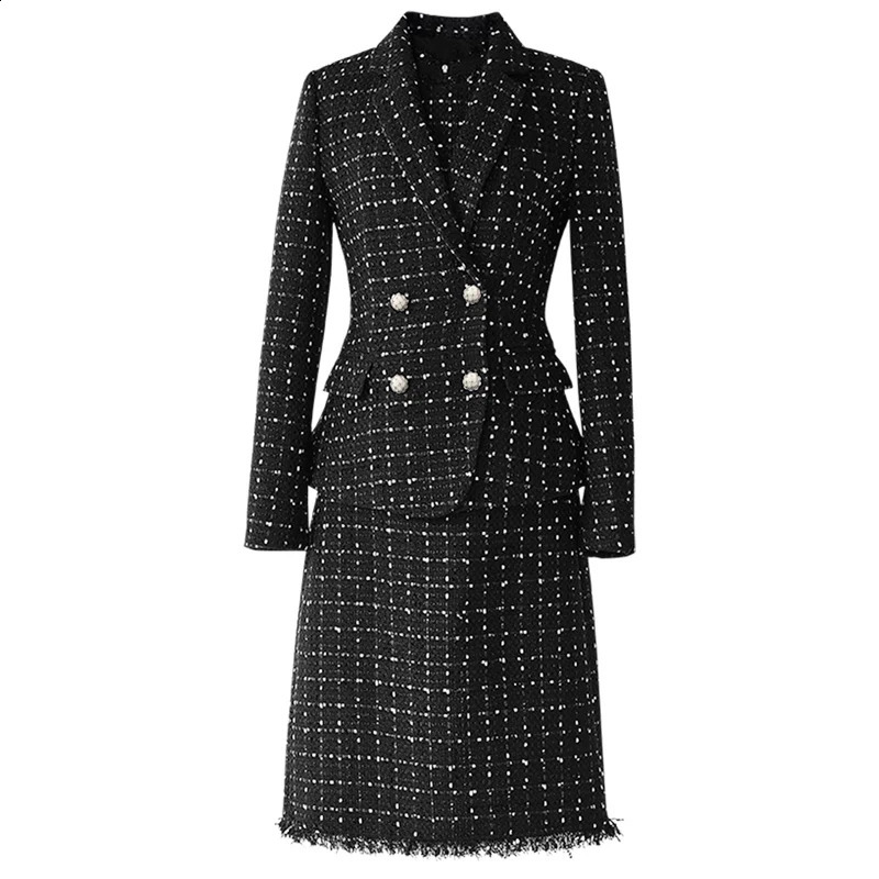 Professional suit Black tweed jacket sleeveless dress Spring /Autumn womens jacket ladies 2 piece Elegant Professional Set 240823
