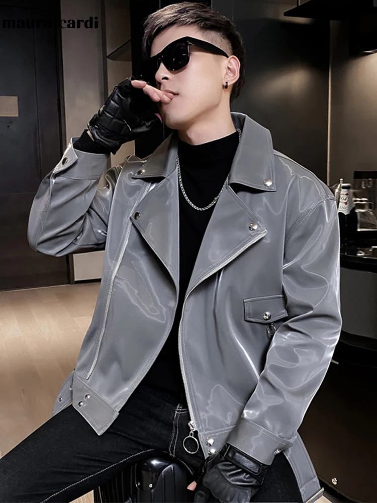 Mauroicardi Spring Autumn Cool Black Shiny Reflective Patent Pu Leather Biker Jacket Men Belt Zipper Plus Size European Fashion 240822