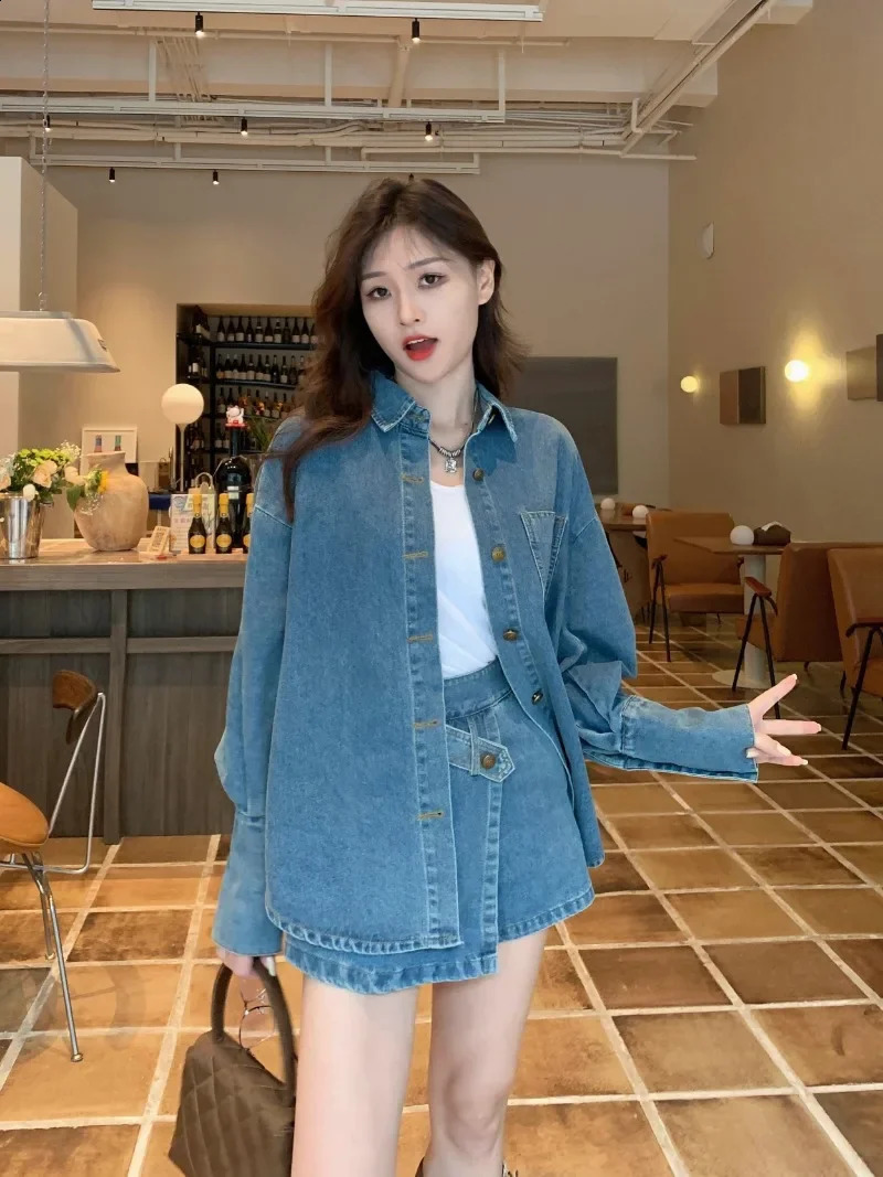 Womens Retro Personality Cow Suit Autumn Long Sleeves Buttons Denim Shirt Jacket Irregular Short Skirt Two-piece Set 240823