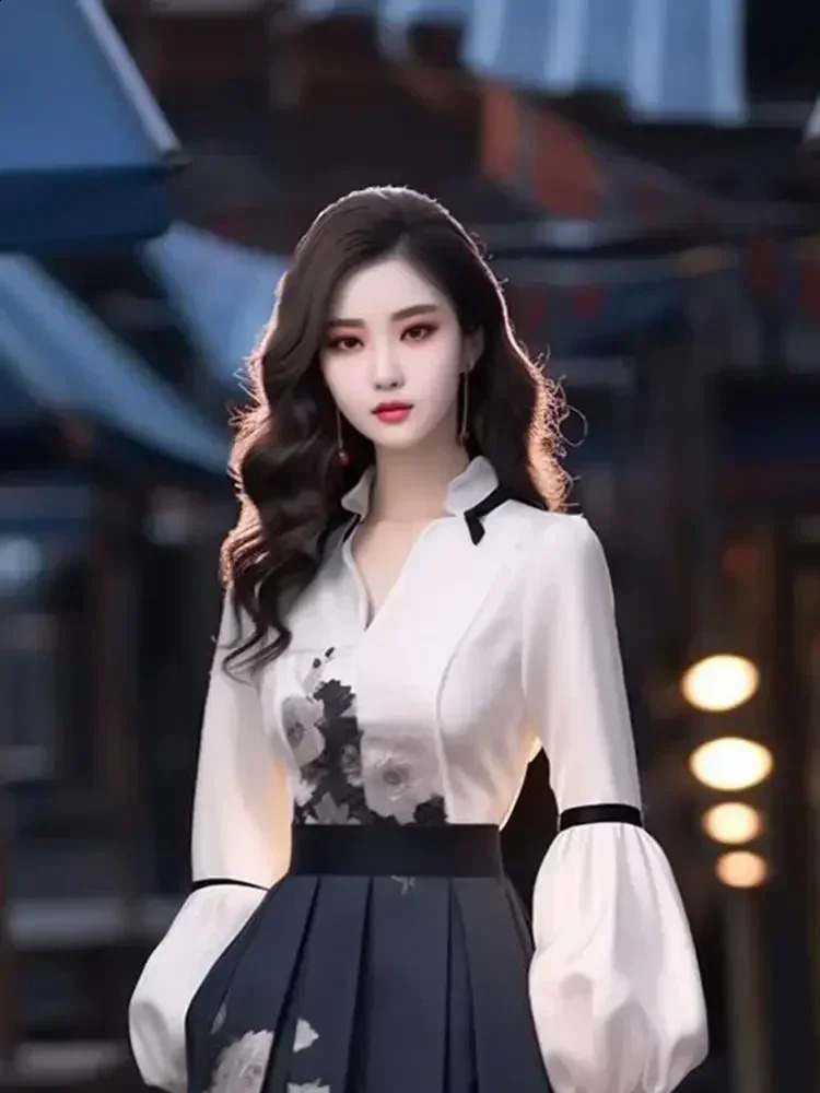 Womens Skirt Set Long Sleeved Blouse Top Autumn Spring High End Chinese Elegant Temperament Goddess Show Thin Print Skirt Set 240823