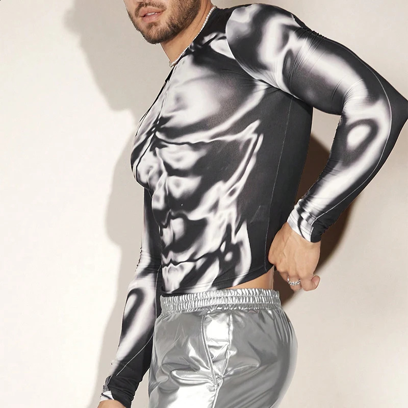 Y2K Mens T Shirts Sexy Elastic Slim Long Sleeve O Neck Bottoming T-shirt Men Fall Fashionable Muscle Print Tops Streetwear 240823