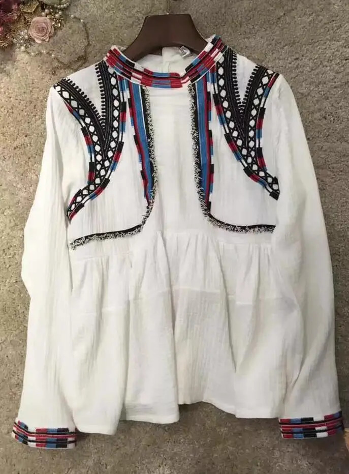 Ethnic embroidery shirt for women spring and autumn standing collar long sleeved casual top S1111 240822