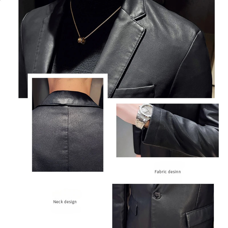 Mens PU Jacket with Suit Collar Faux Leather Jacket Mens Leather Jacket Suit Collar Fashion Urban Business Casual Suit 240822