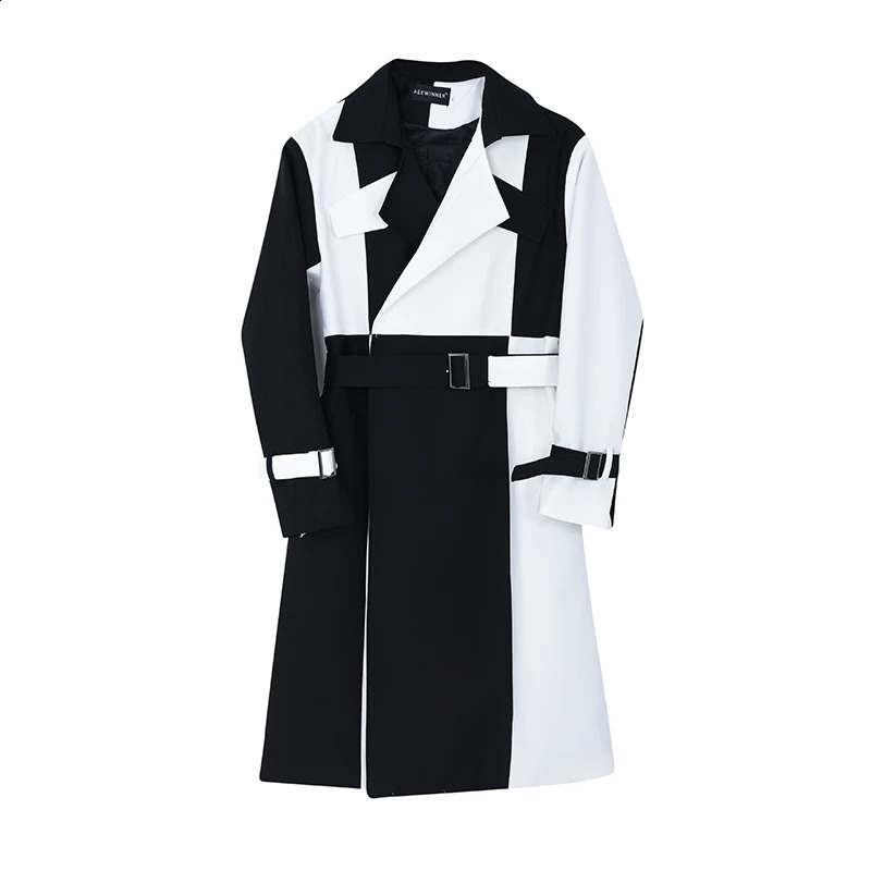 Mens Net Celebrity Streetwear Fashion Black White Splice Loose Casual Long Jacket Windbreaker Trench Coat Male Stage Clothing 240822