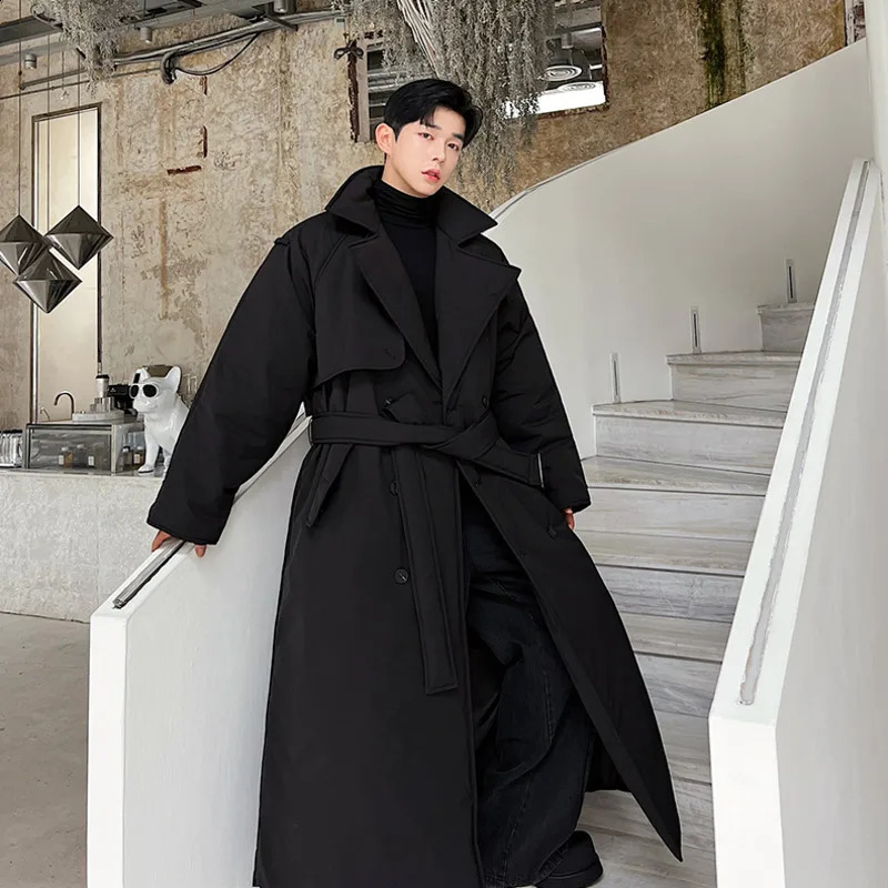 NOYMEI Oversize Silhouette Thickened Double Row Subblack Long Cotton Coat Black Belt Korean Trendy Trench Men Winter WA3310 240822