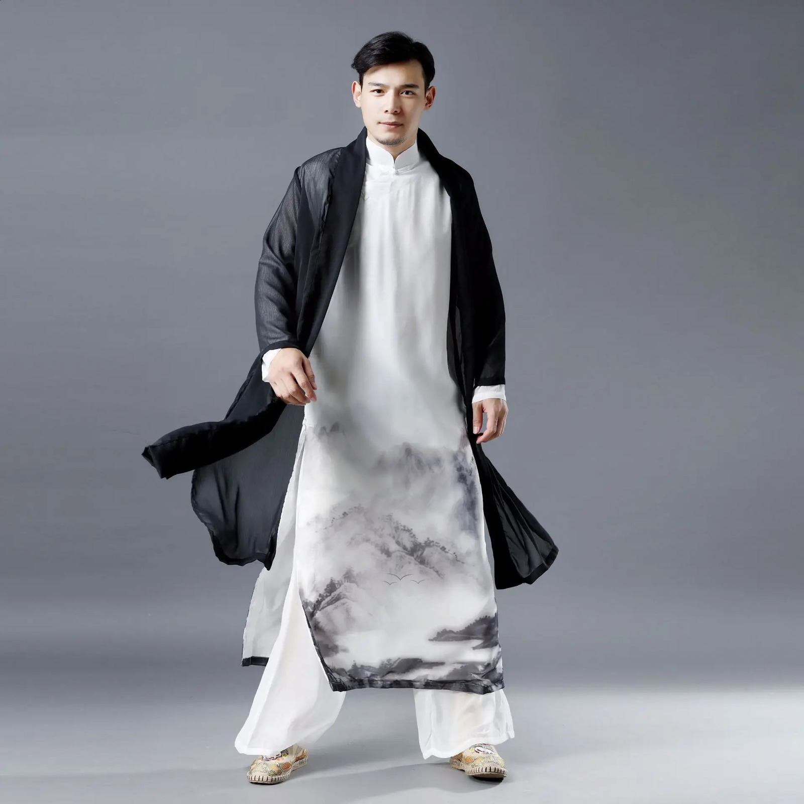 Summer National Style Fashion Chiffon Long Trench Coat Men Side Slit Ultrathin Breathable Black Linen Cardigan Jacket 240822