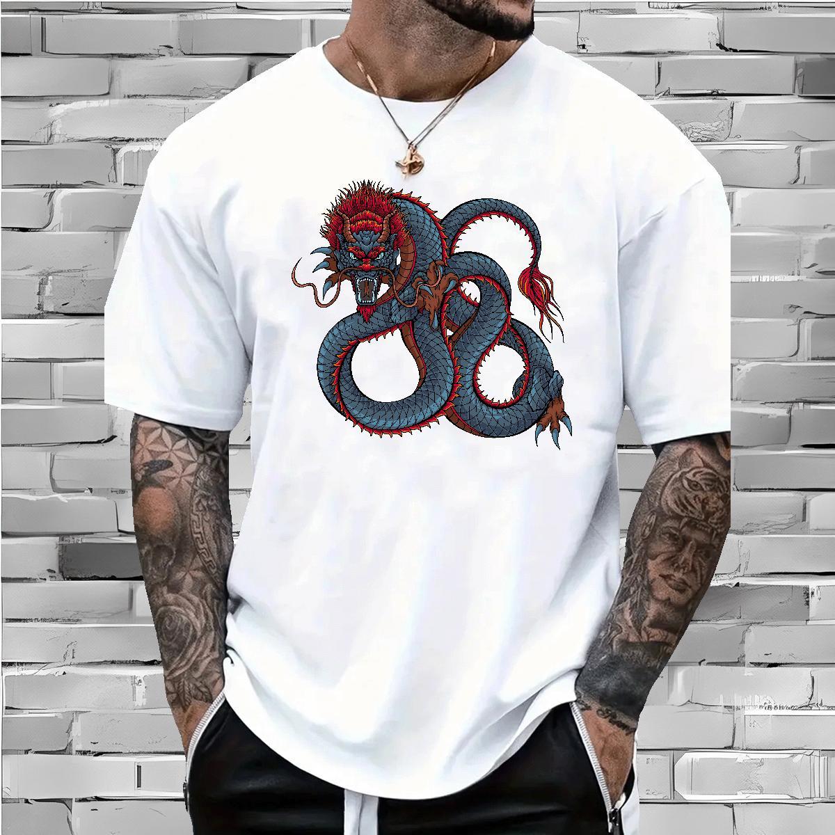 Cool T-Shirts for Men 230g Cotton dragon Hip Hop Street DIY Anime Breathable Crew Neck Tshirt for Man Woman 2024 New Tops