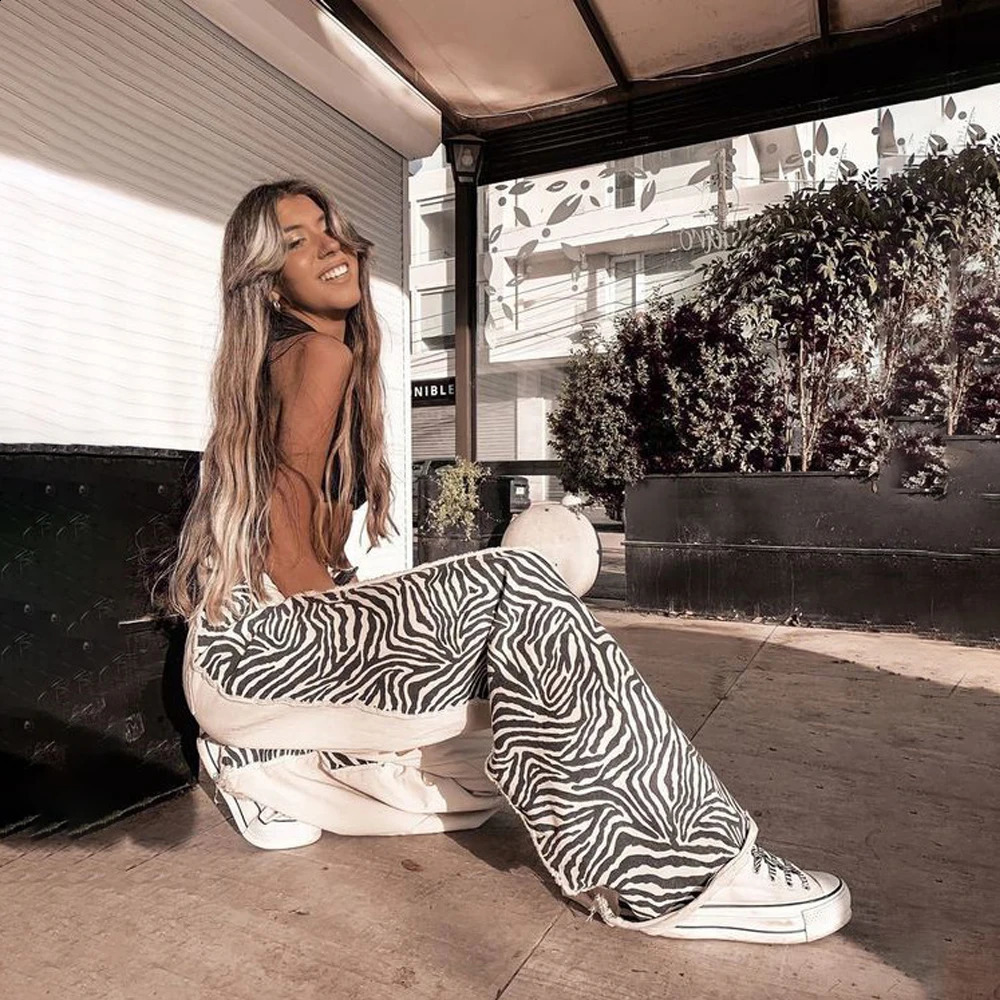 Zebra Pattern Patchwork Jeans Explosive Floor Length Pants Color Blocking for Womens Clothing Z260313