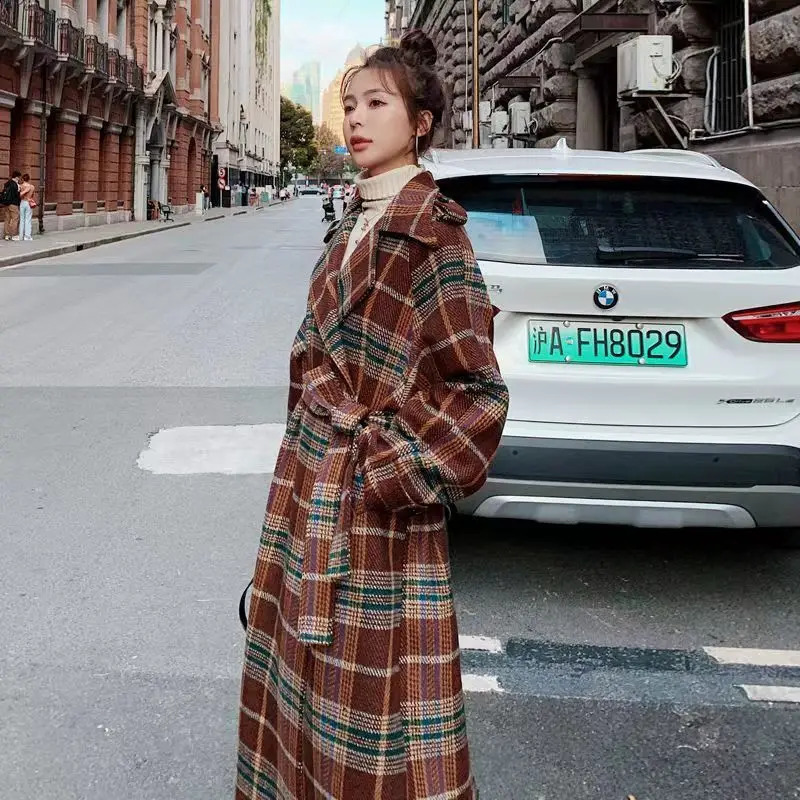Autumn And Winter Temperament Retro Simple Medium And Long Loose Plaid Belt All-match Woolen Coat Womens Trend 240822