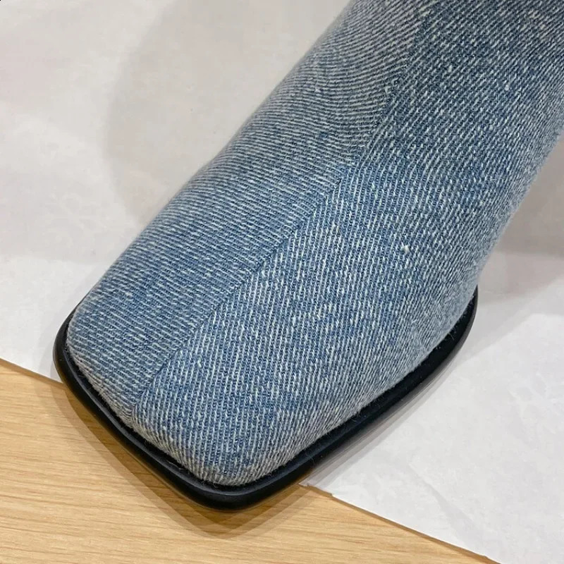Blue denim pleated long boots for women elastic western denim boots with thick heels and square toes fashionable and sexy womens shoes 240823