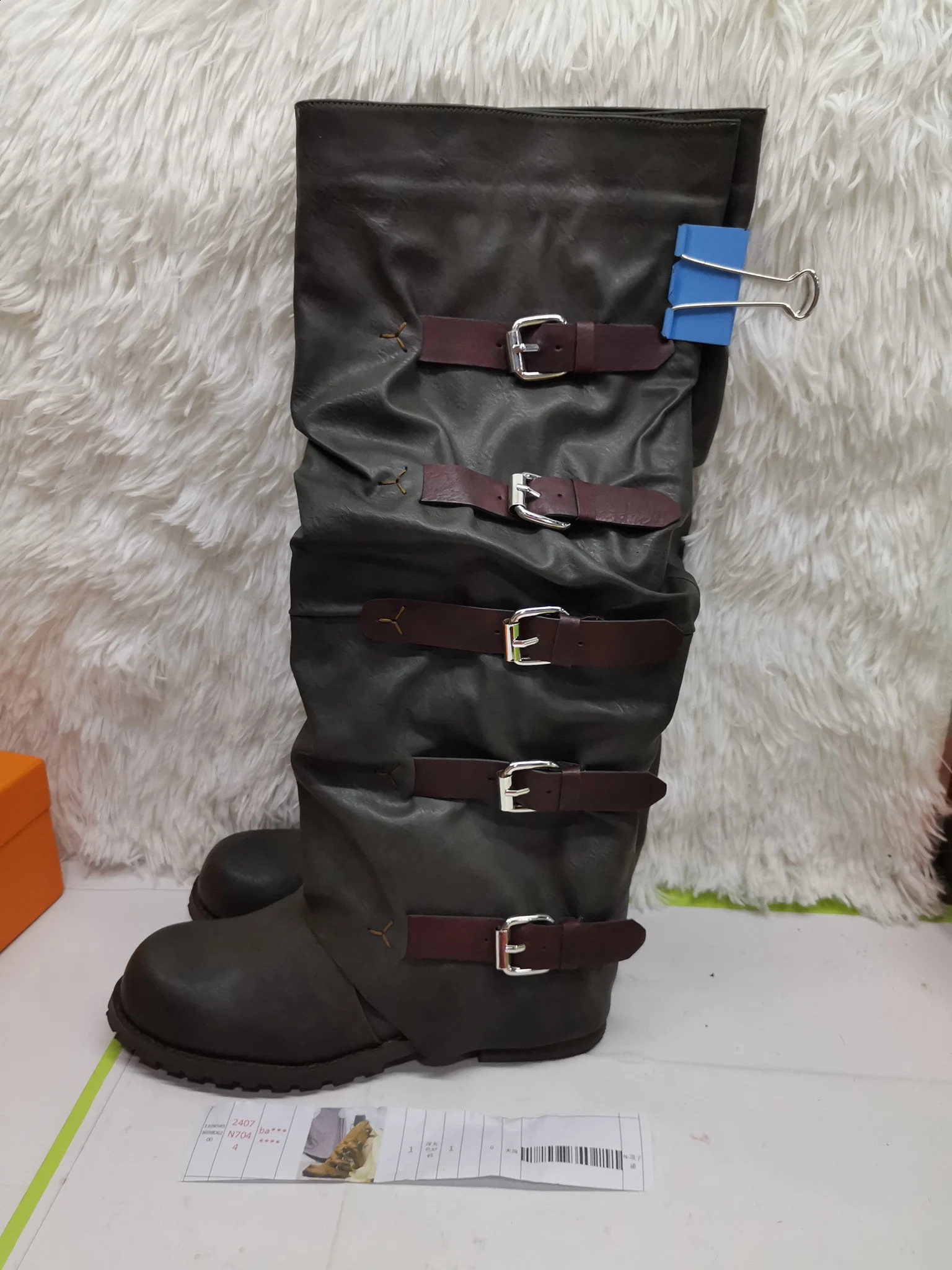 Retro belt buckle knee high boots for women round toe stacked western leather boots autumn winter pleated chicken shoes 240823