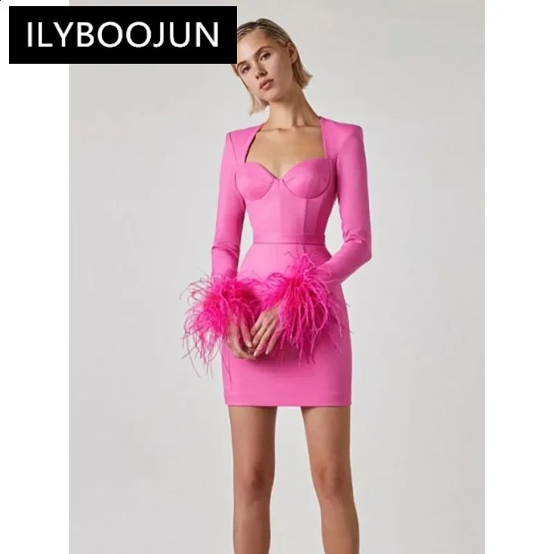 Women Winter Sexy Long Sleeve Feathers Pink Black Mini Bodycon Bandage Dress Elegant Evening Party Dress 240823