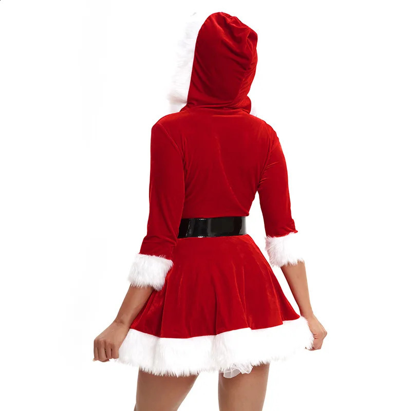 Fashion Womens Half Sleeve Solid Color Santa Claus Christmas Theme Costume Role Playing Set Belt Fancy Dress 240823