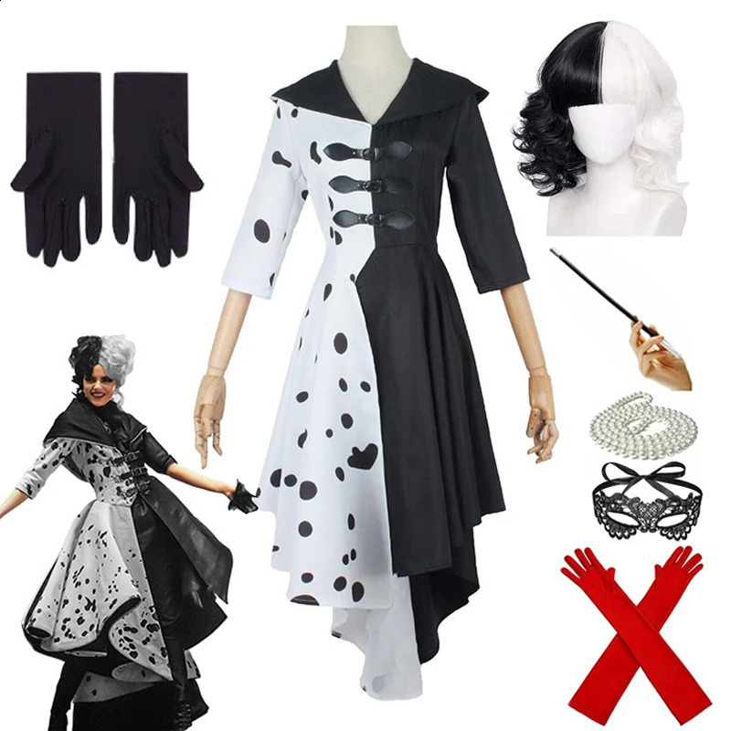 Adult Black and White Witch Deville cosplay womens outfit with gloves Halloween party set w240824