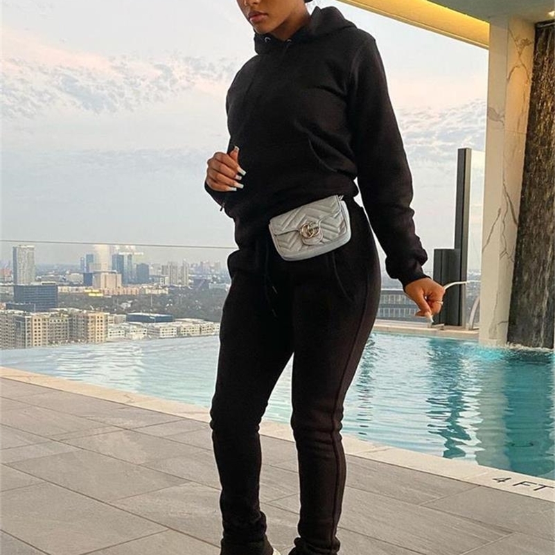 Kontturi Fall Outfits Tracksuit Two 2 Piece Set For Women Long Sleeve Black Hoodies Casual Pink Solid Flare Pants Matching Sets 240822