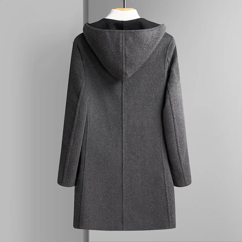 Business Casual Mens Solid Hooded Woolen Coats Autumn Winter Loose Wool Overcoat Outwear Mid-Length Windbreaker Top Jacket 240822
