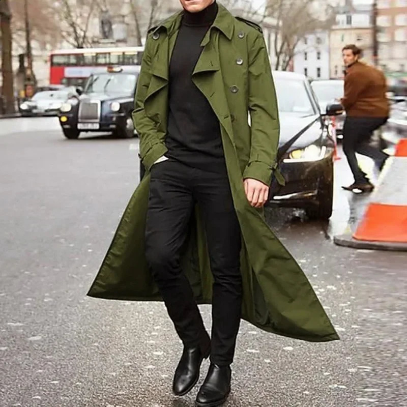 Long Slim Men Trench Coat Double-Breasted Lapel Windbreaker Male Fashion Autumn Coat Long n Trench Male Size S-2Xl 240822