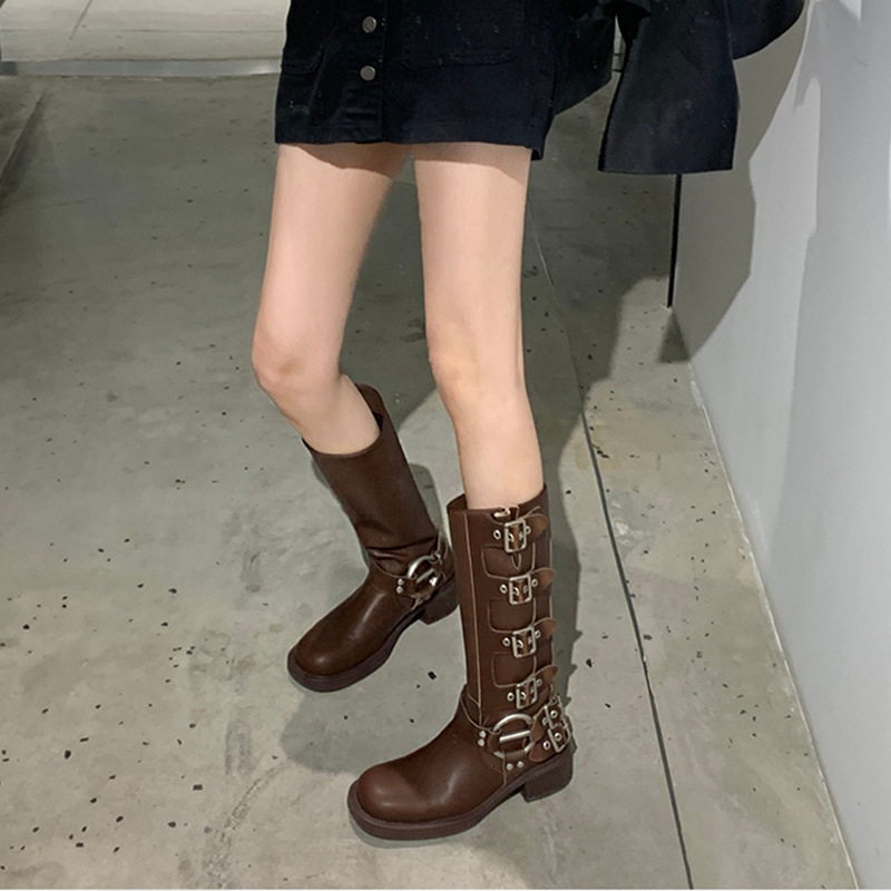 Ddmysports Cowhide Version Round Headed Genuine Leather Thick Heel Western Cowboy Boots High Cut Knight For Women Slim And Not Over The Knee Long OUTD