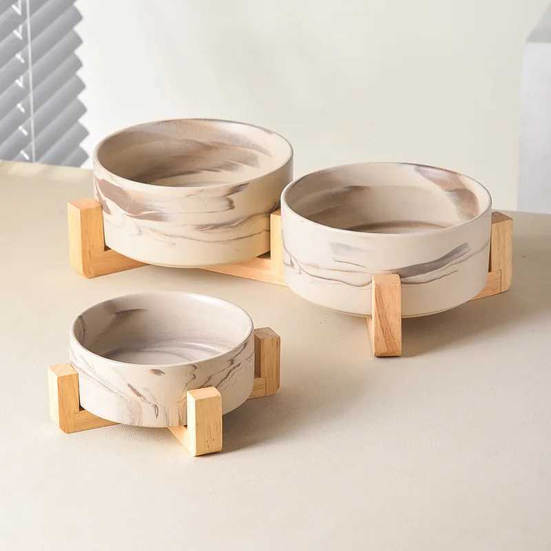 Marble ceramic cat and dog bowl with large dog feeding and dual feeding bowls equipped with wooden frame and pet dog accessories X240823