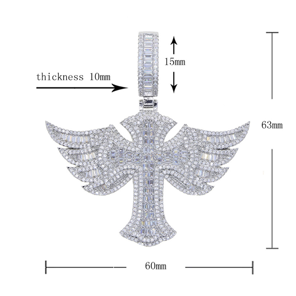 Hip Hop Wing Cross Cross Pendant Necklace with Chain 5A Zircon White Gold Plated Religious Men Jewelry