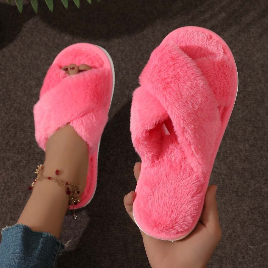 Classic fashion slippers women plush popular leopard print European American fur cross-strap cotton slipper ladies furry cotton slipper Warm Comfort i
