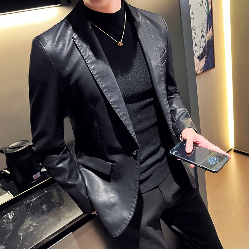 Mens PU Jacket with Suit Collar Faux Leather Jacket Mens Leather Jacket Suit Collar Fashion Urban Business Casual Suit 240822