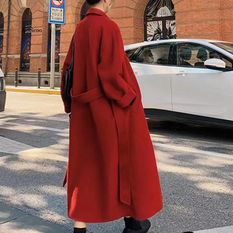 Winter Autumn Christmas Red Black Loose Long Wool Coat Jacket Belt Woolen Overcoat Korean Women Split Hem Cardigan Outerwear 240822