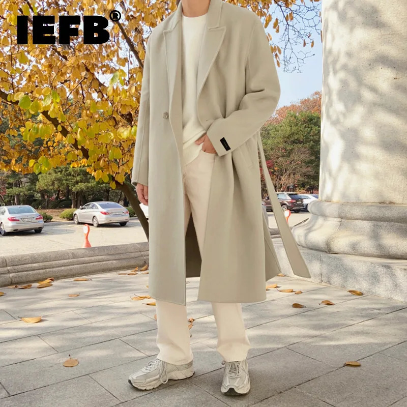 IEFB Korean Chic Mens Thickned Woolen Cloth Coat Casual Loose Bleted Double Breasted Jackets Loose fit Overcoat 240822