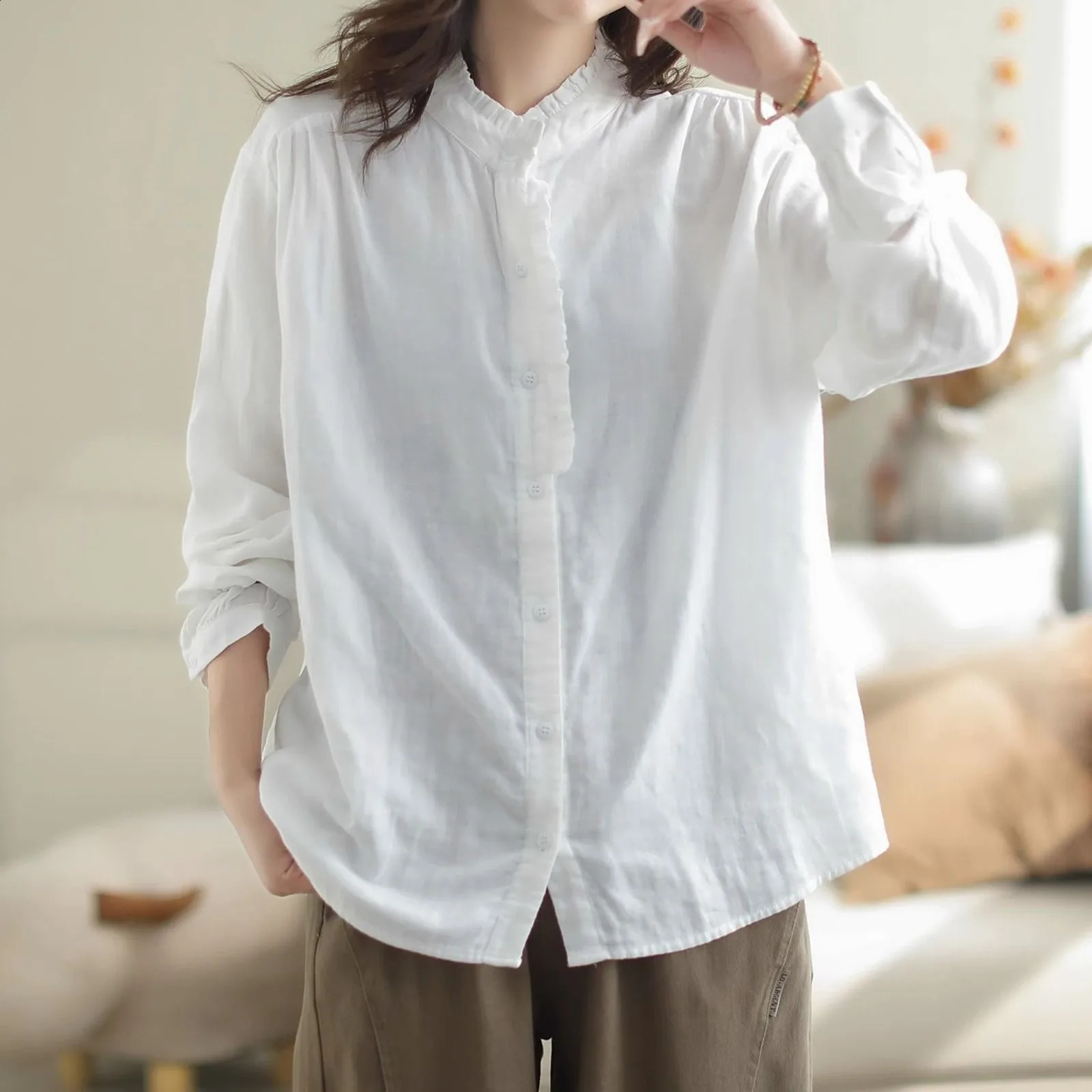 Womens casual spring and summer cotton linen long sleeved patch work clothes Ropa Mujer Tendencia 240822